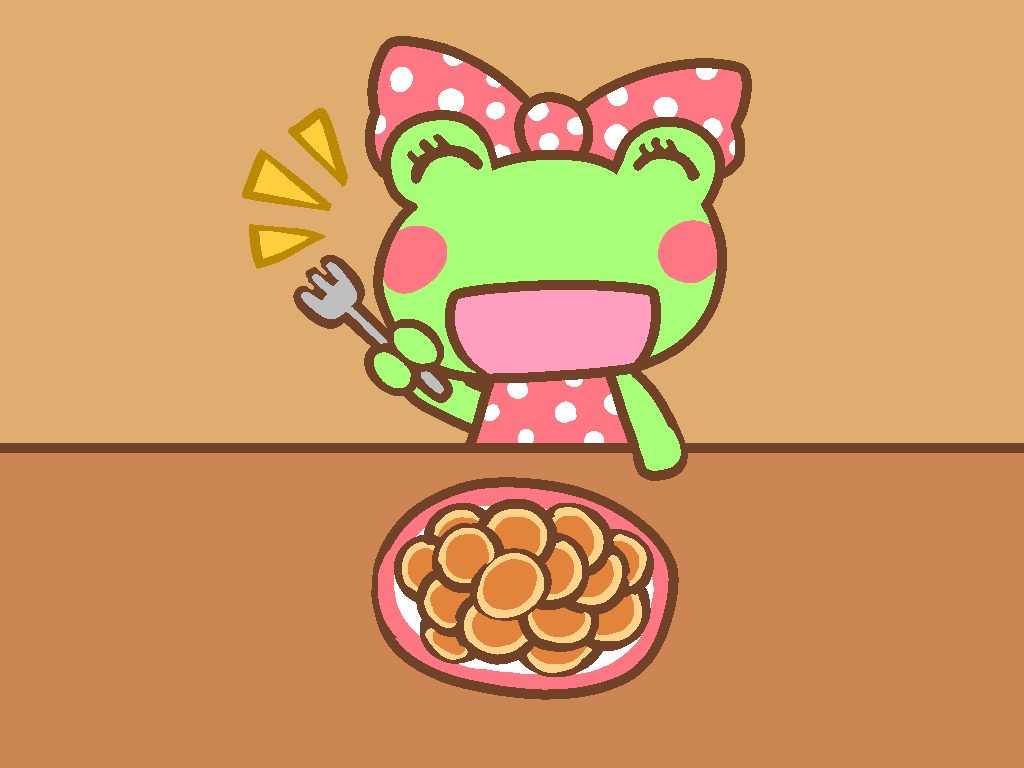 マックのプチパンケーキを食べるケロちゃん